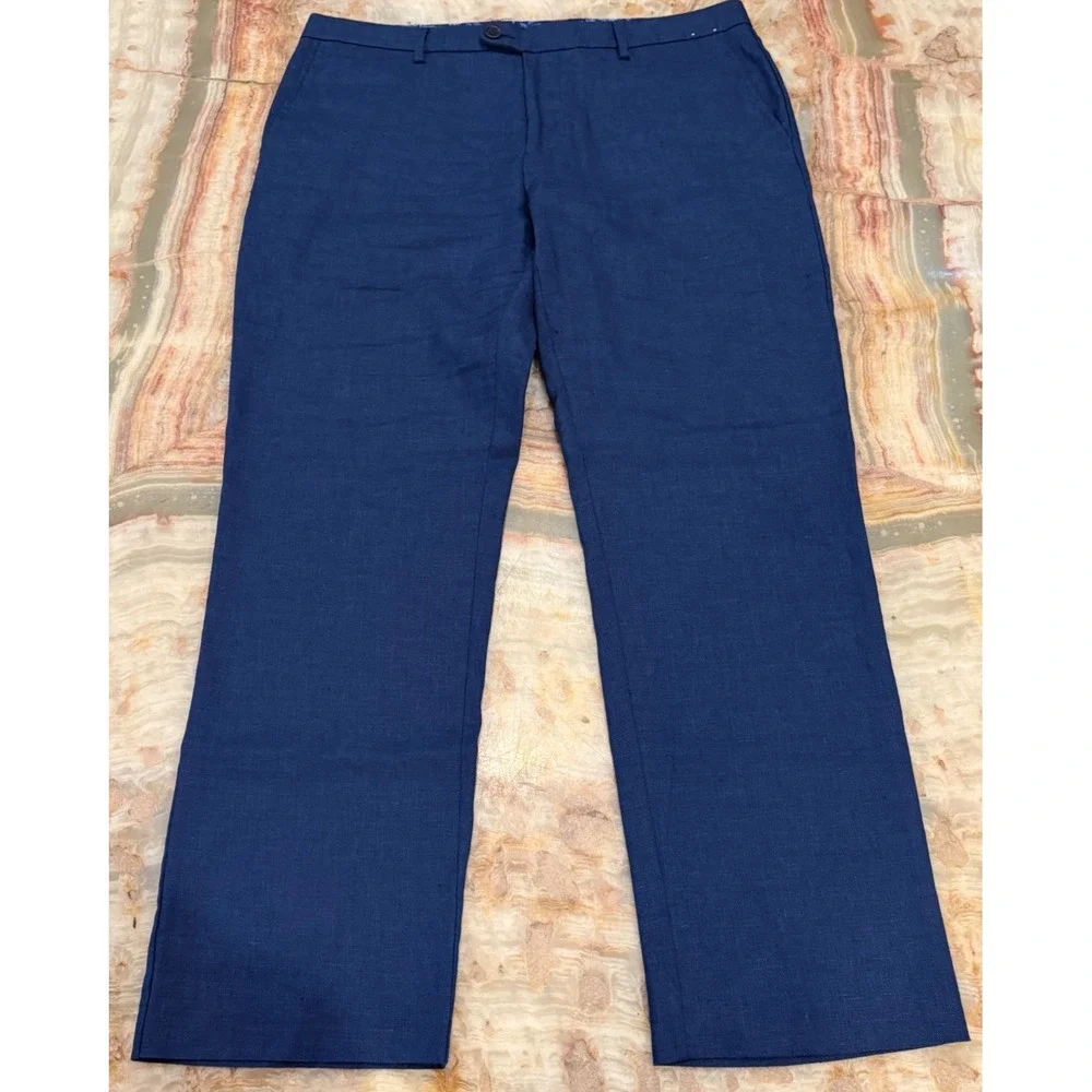 Tommy Bahama Mens Flat Front Trousers Pants Blue Straight Leg Slim Fit 35x30
